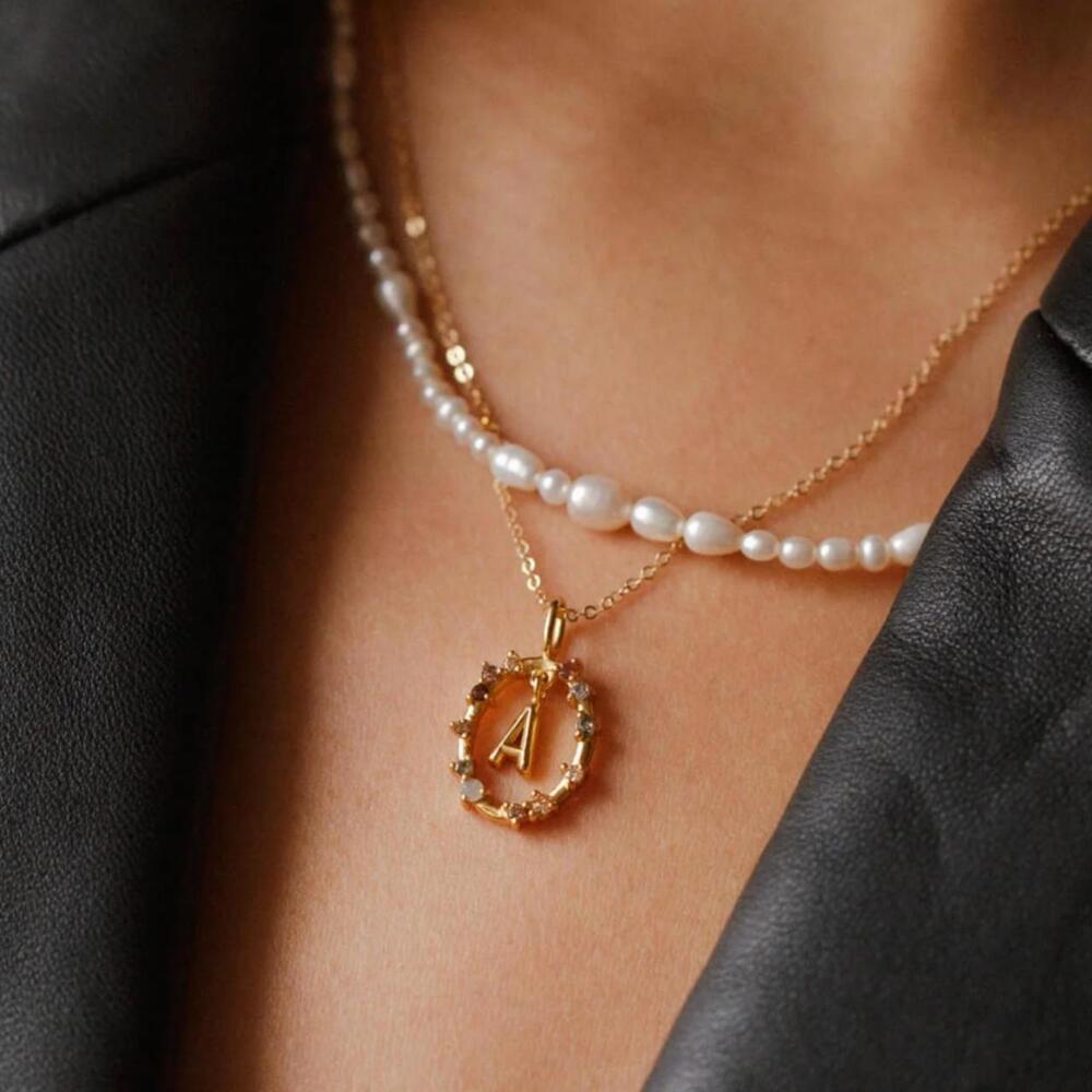 Letter Pendant with Gemstone Frame and Round Box Chain by GLDN